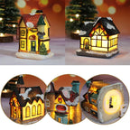 Decorative house-shaped lights with a warm glow on a festive background.