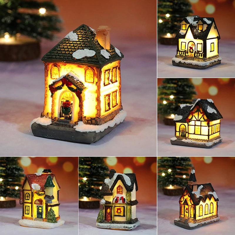 Collage of a small illuminated house-shaped lantern with a warm glow, set against a blurred Christmas tree and lights background.