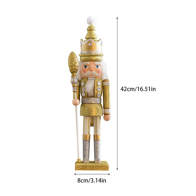 Decorative nutcracker figure with gold and white attire, holding a scepter, on a white background with dimensions indicated.