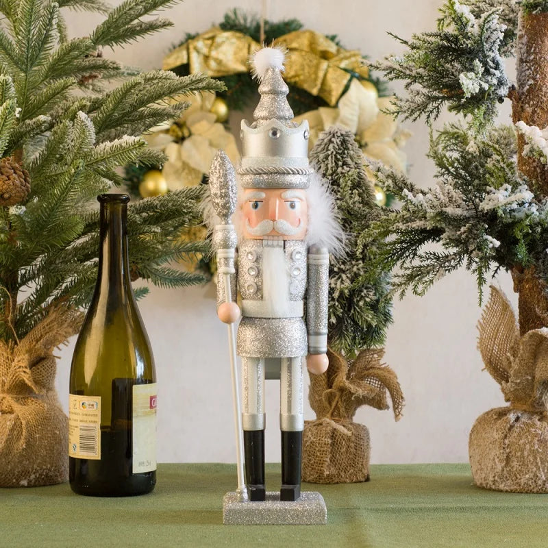 Decorative nutcracker figure with a wine bottle and Christmas decorations in the background