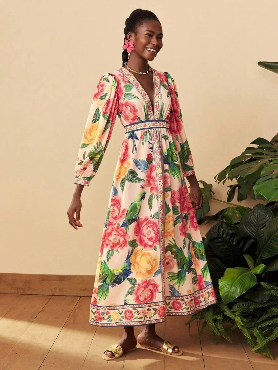 Bohemian Lantern Sleeve Midi Dress - V-Neck Loose Fit Dress