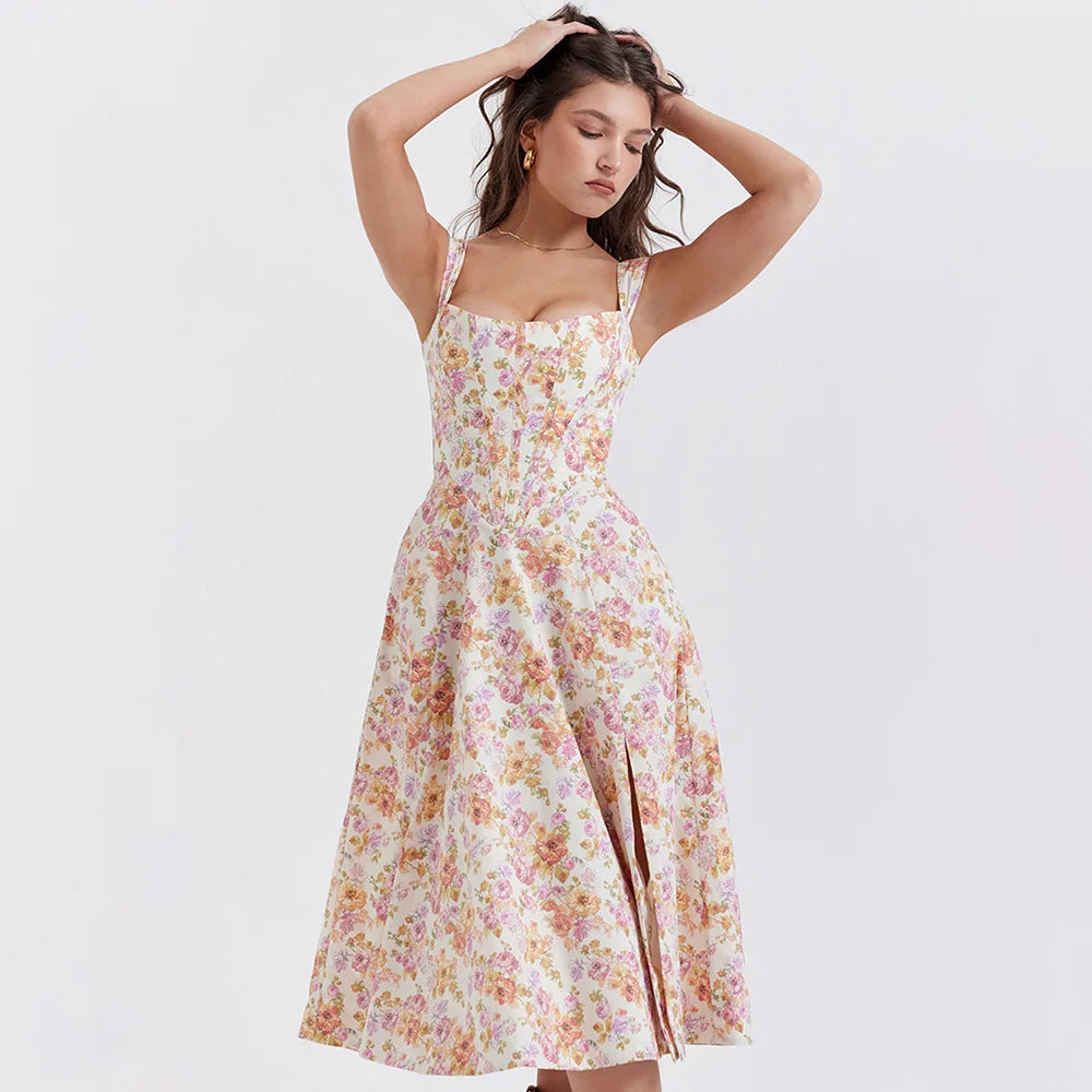 Floral Print A-Line Corset Midi Dress - Cottagecore Style