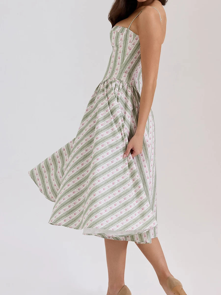 Green Striped Floral Midi Dress - Cottagecore Style