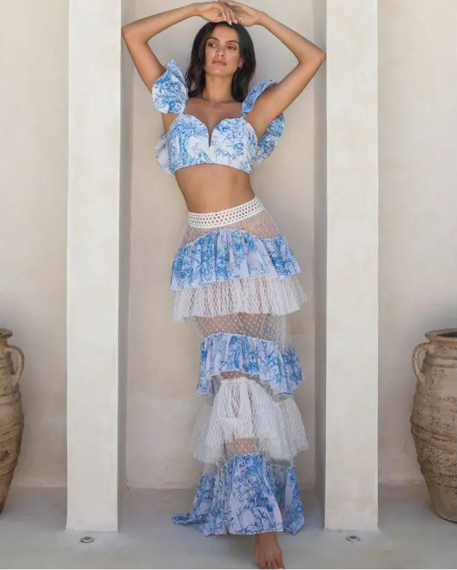 Ruy Print Bikini Set - Net Yarn Tiered Skirt Swimwear