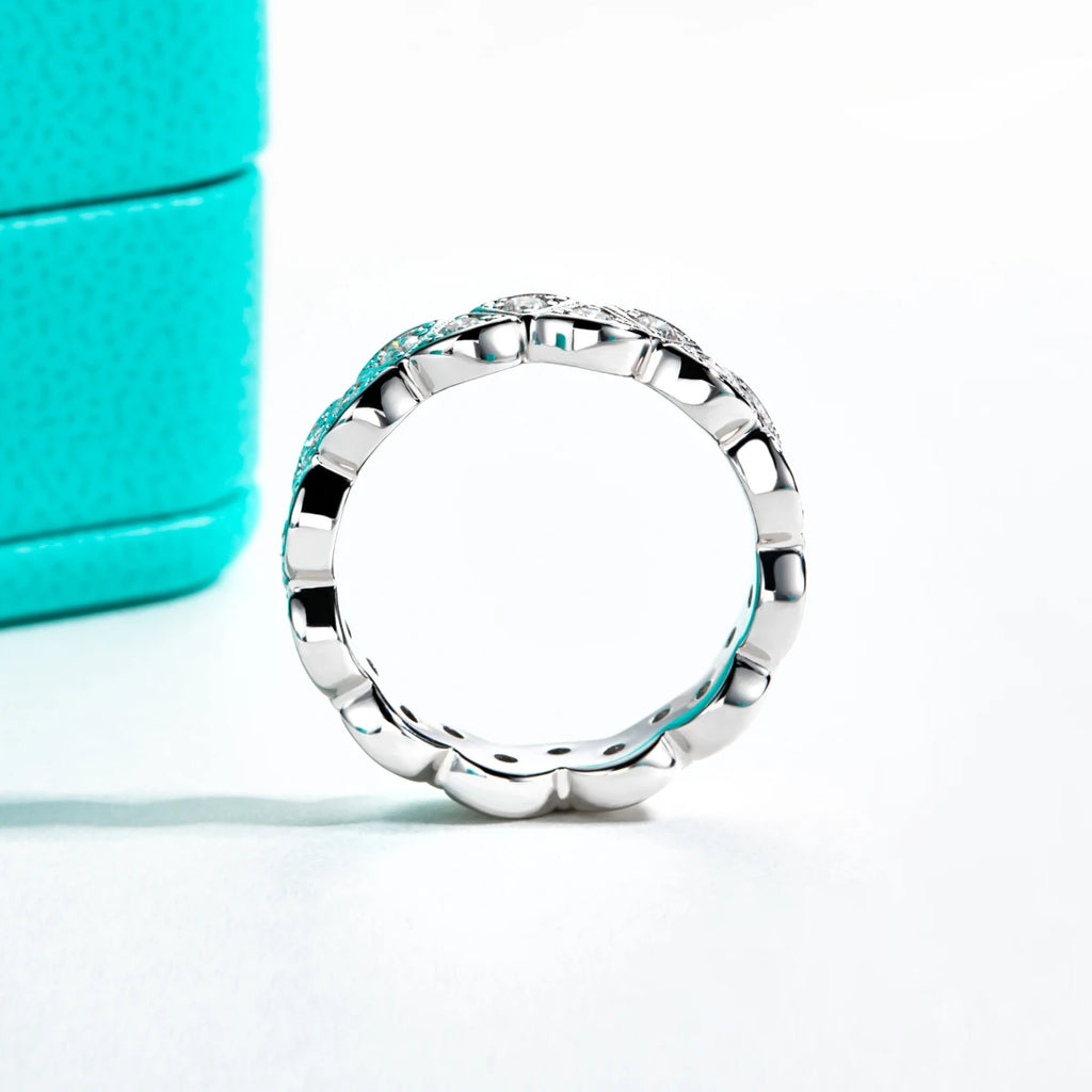 D Color Moissanite Leaf Eternity Band - 925 Sterling Silver Bezel Set Wedding Ring