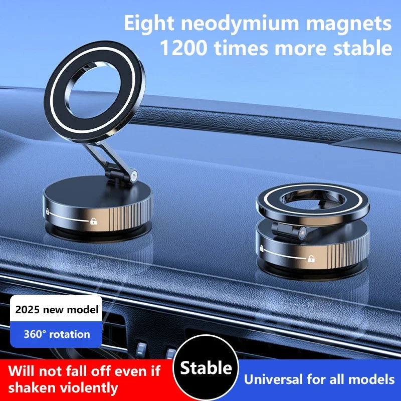 Two neodymium magnets on a car window with text highlighting stability and features.