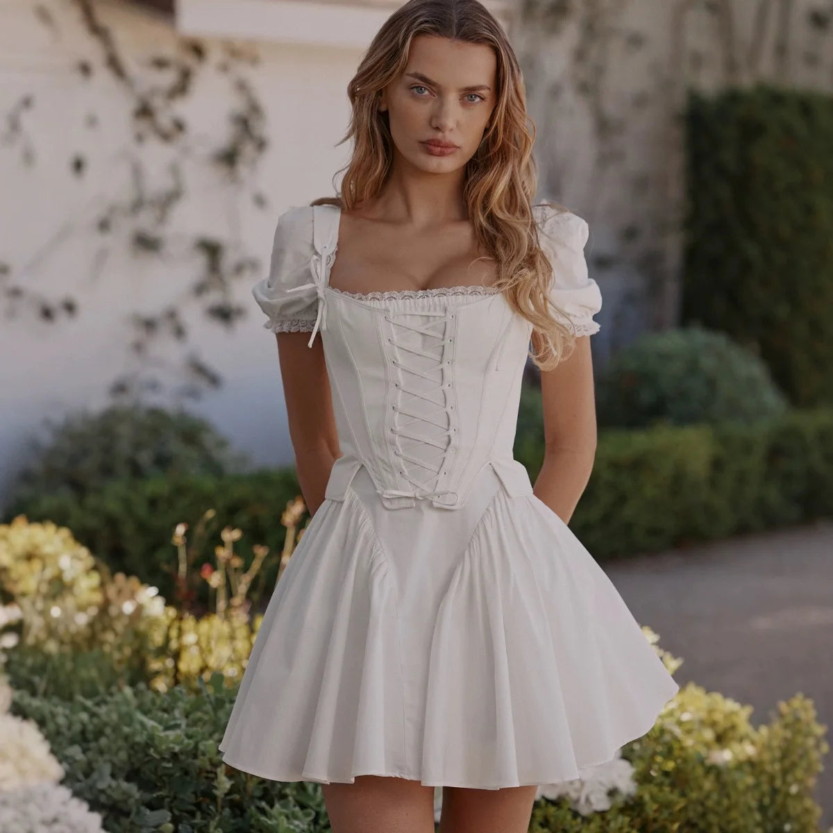 Bubble Sleeve Mini Dress - Square Neck - Cottagecore Style