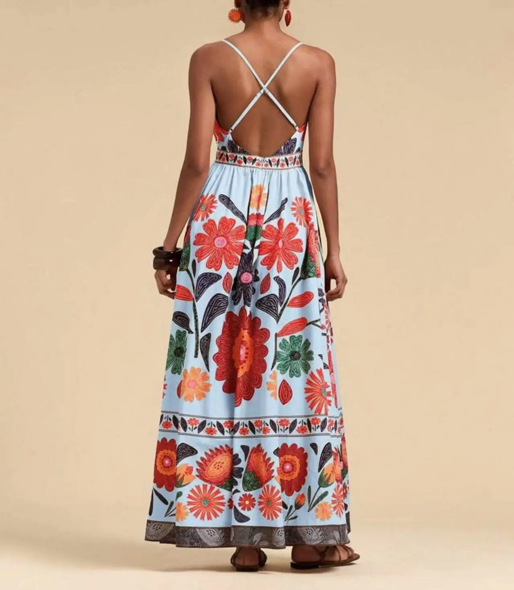 Printed Halter Maxi Dress Set - Bold V-Neck Summer Dress