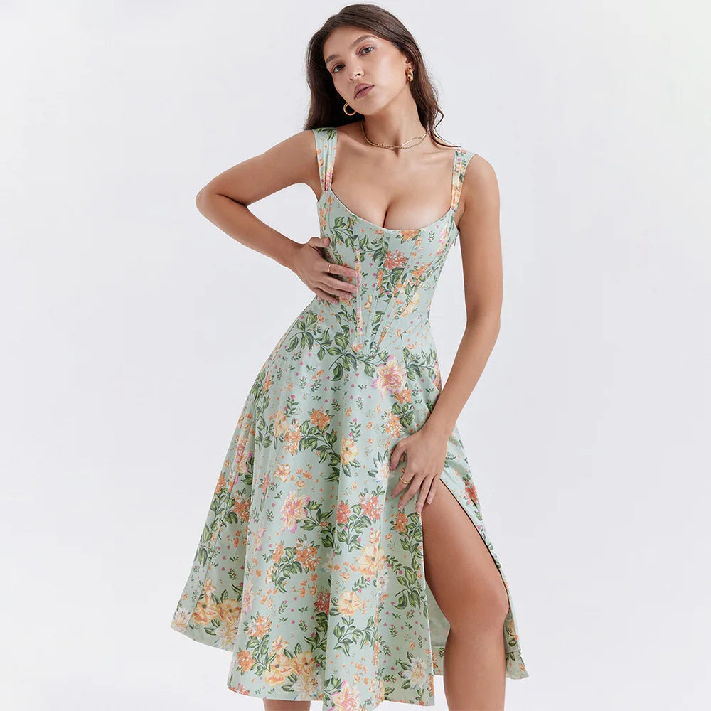 Floral Print A-Line Corset Midi Dress - Cottagecore Style