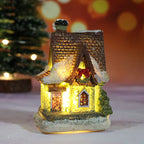 Decorative lit house with a Christmas tree in the background