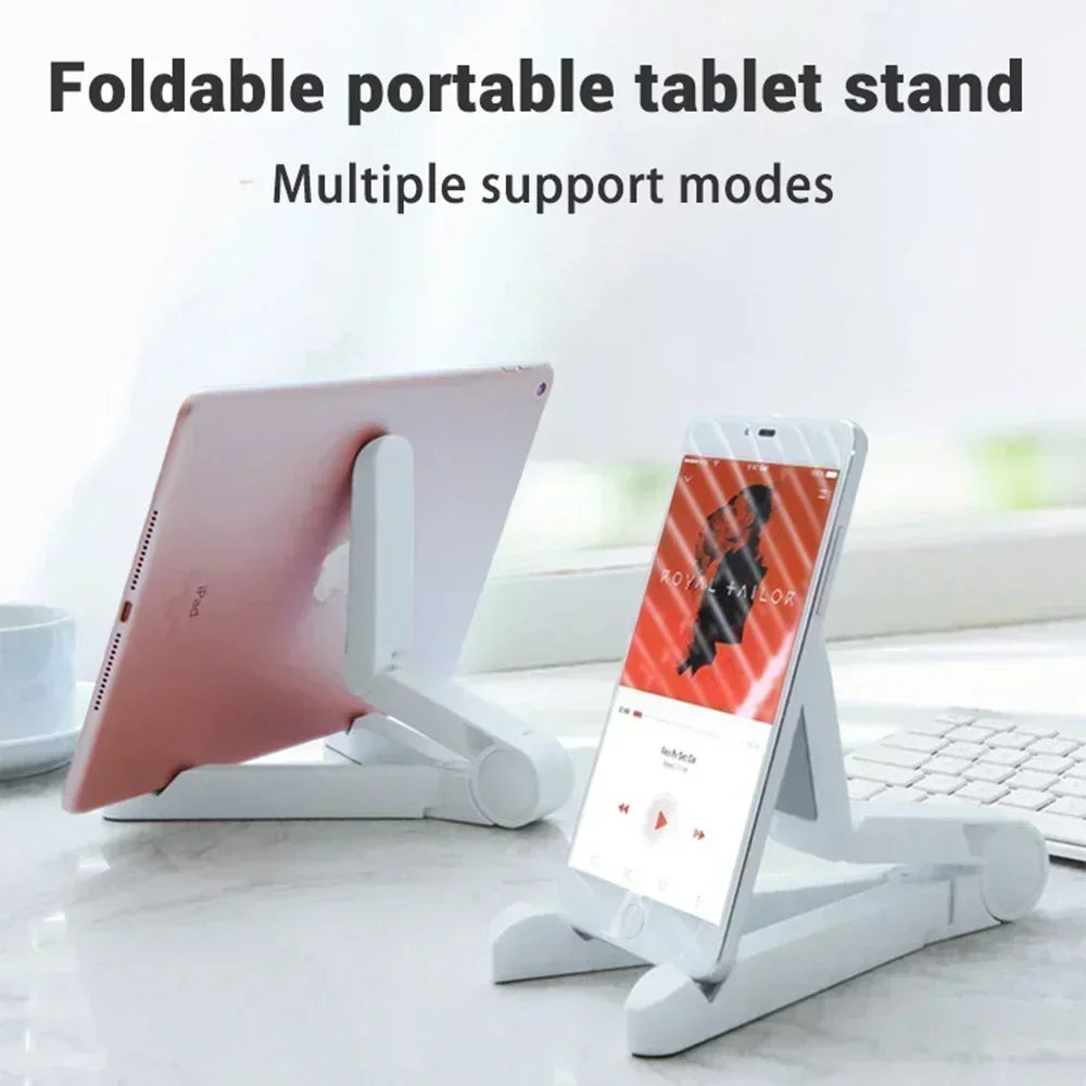 Foldable portable tablet stand with multiple support modes on a white surface.