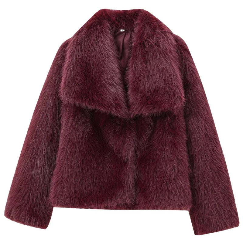 Maroon faux fur jacket on a white background