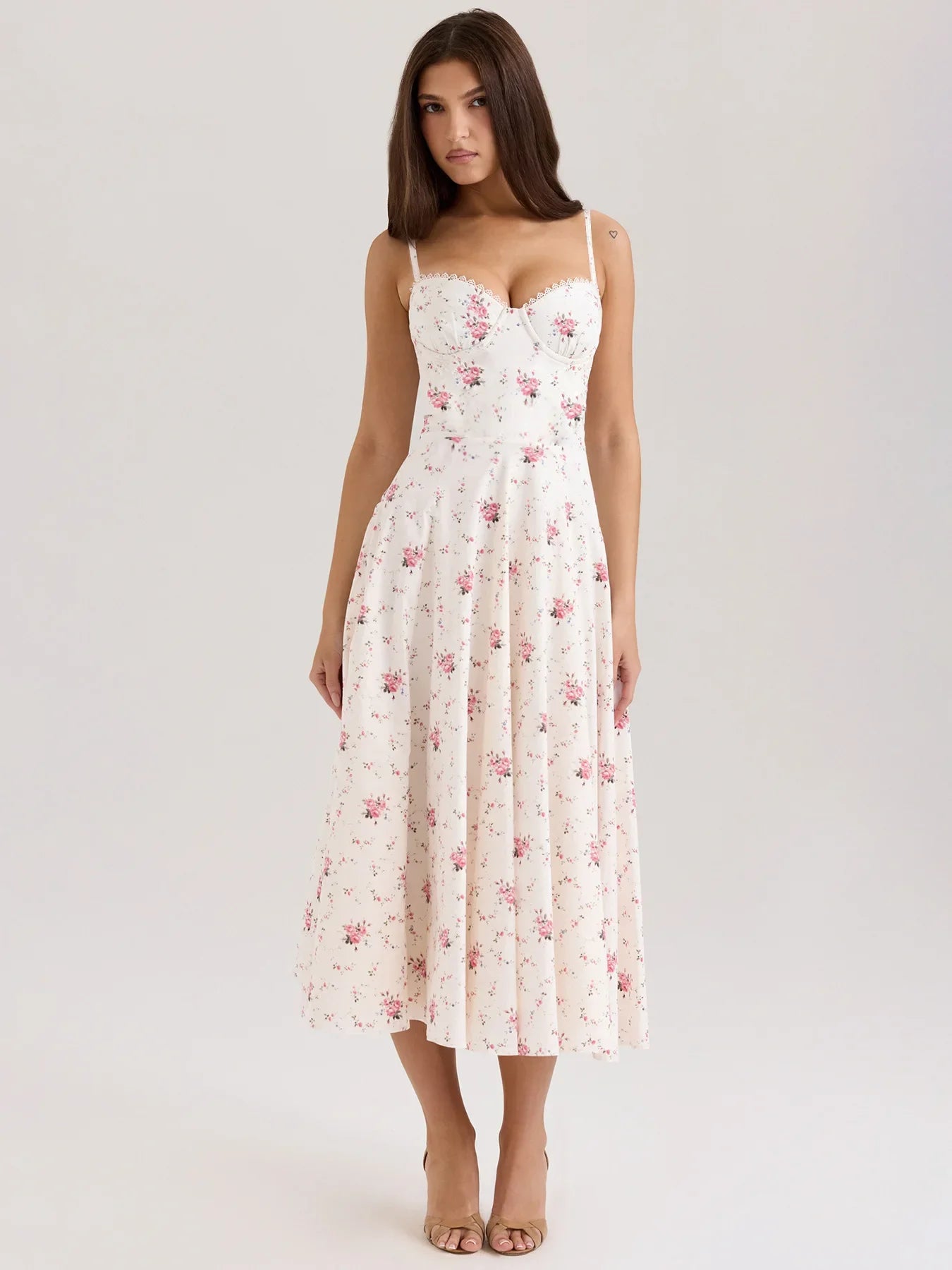 Embroidered Midi Dress - V-Neck Sleeveless with Belt - Cottagecore Style