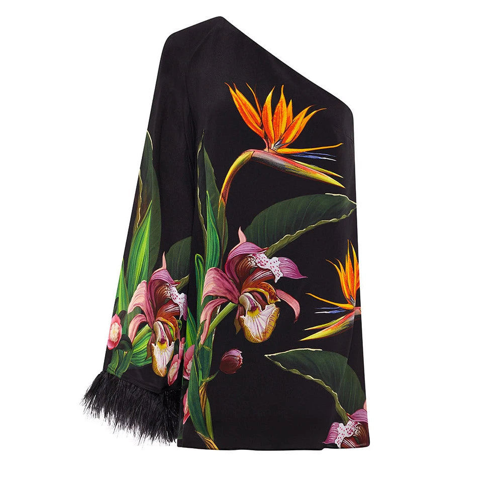 Floral Print One-Shoulder Feather Sleeve Maxi Dress
