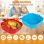 Two silicone baking pans, one red and one blue, with a background of a family cooking.