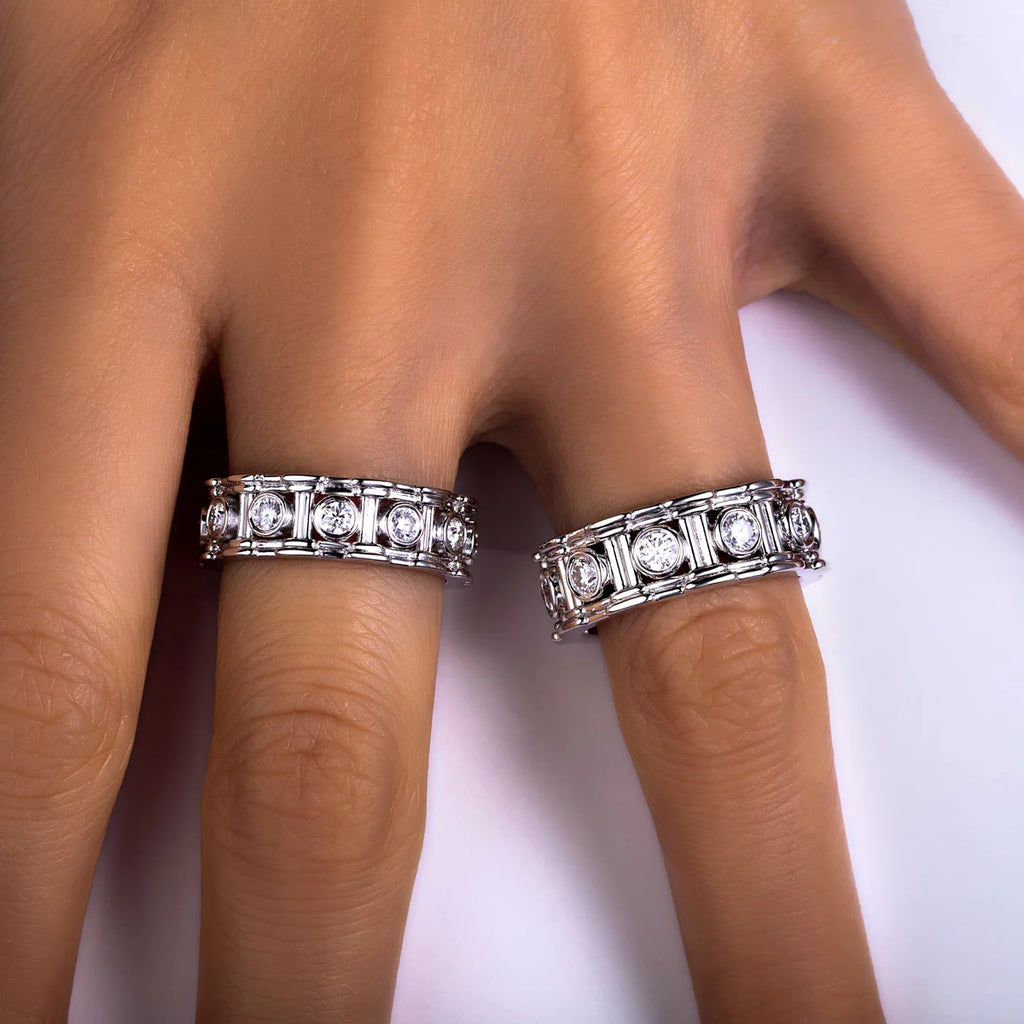 3mm Moissanite Roman Column Eternity Ring - Sterling Silver Wedding Band