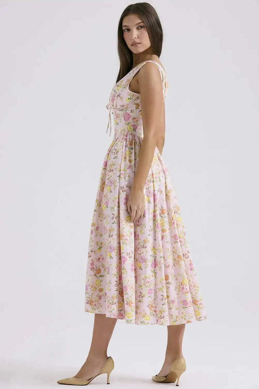 Floral Print Wrap Midi Dress - Spaghetti Strap A-Line - Cottagecore Style