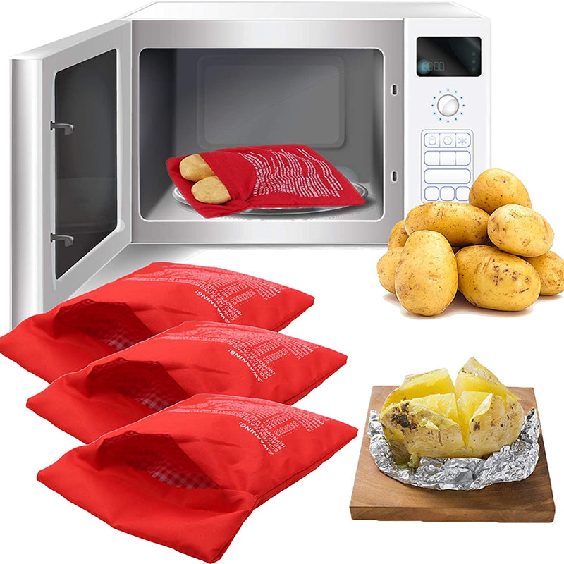 Red microwaveable potato bags with a pile of potatoes and a cooked potato on a wooden board.