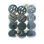 Set of green and gold Christmas ornaments in a clear packaging box.