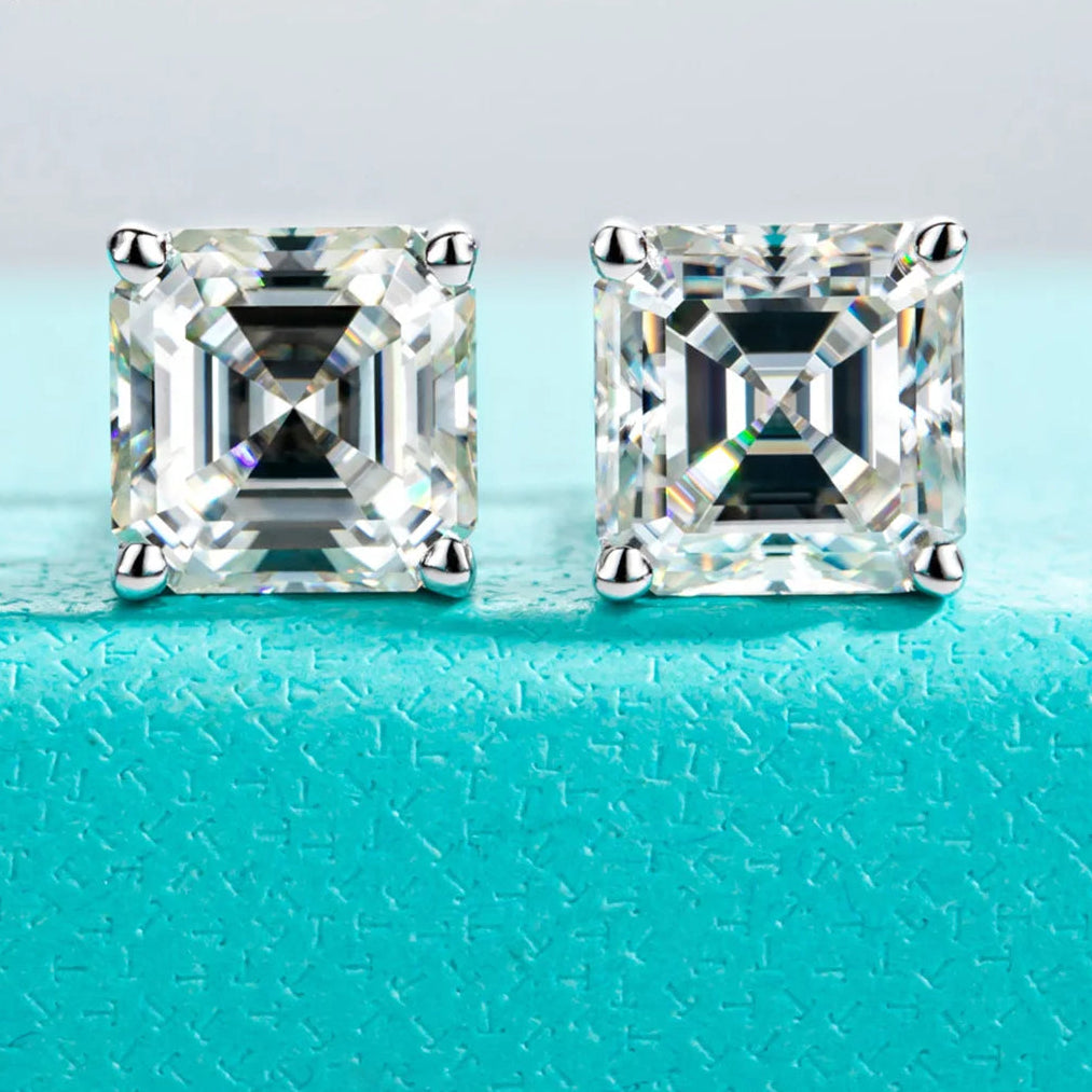 Asscher Cut Moissanite Stud Earrings - 10K Gold Post