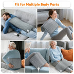 Gray heating pad used by people on a couch and chair in various positions.