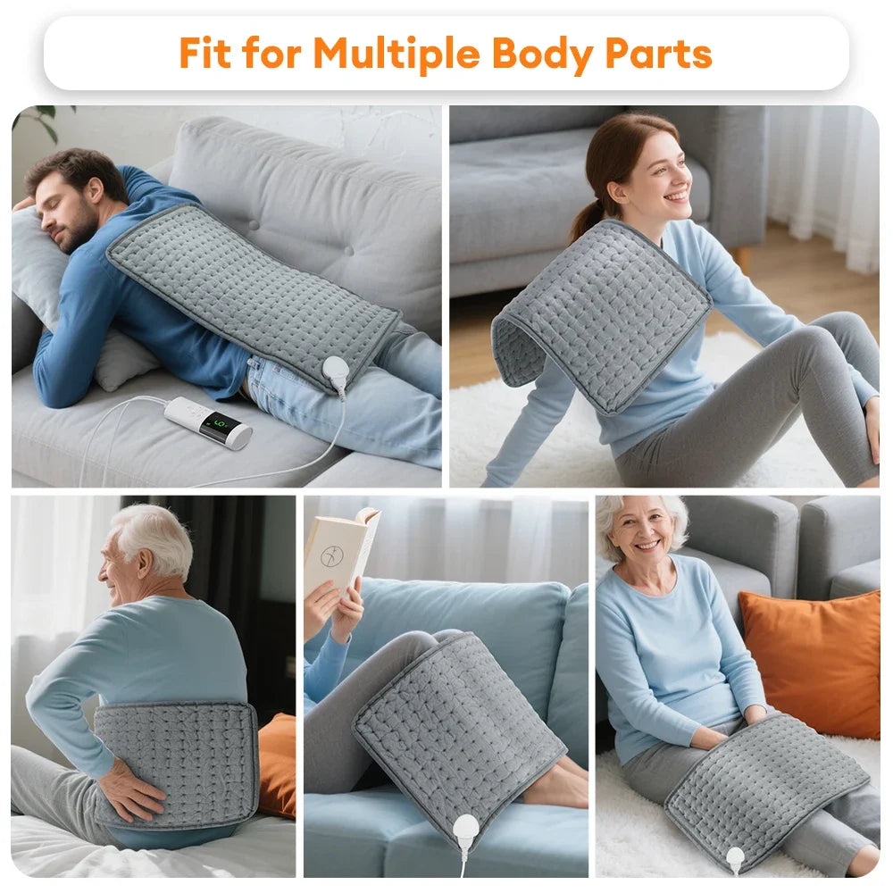 Gray heating pad used by people on a couch and chair in various positions.
