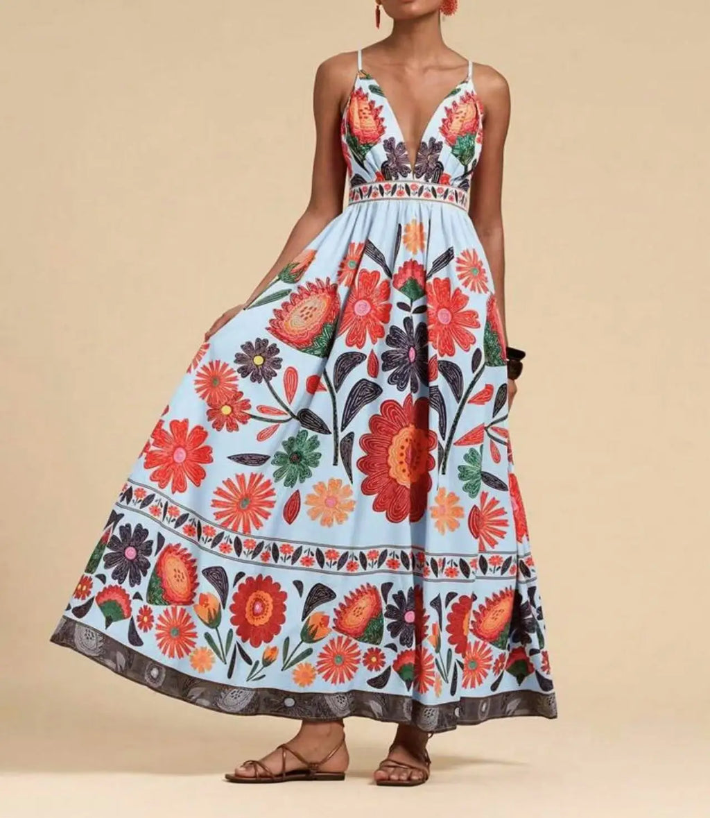 Printed Halter Maxi Dress Set - Bold V-Neck Summer Dress