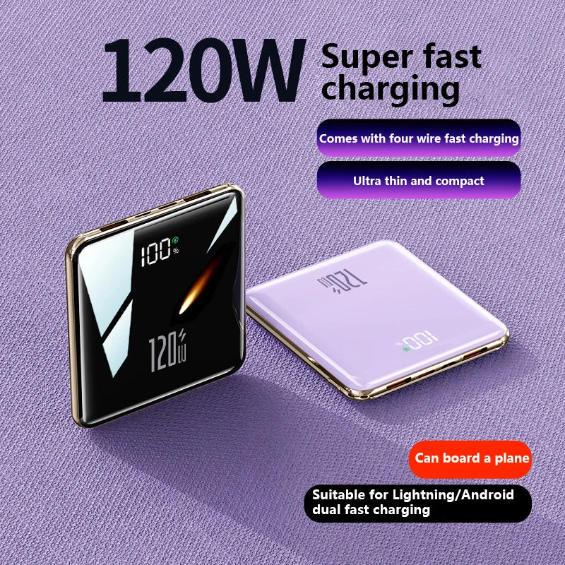 120W fast charging device with features highlighted on a purple background