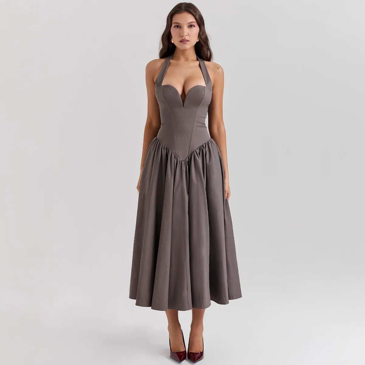 Halter Neck Fit and Flare Midi Dress - Cottagecore Style