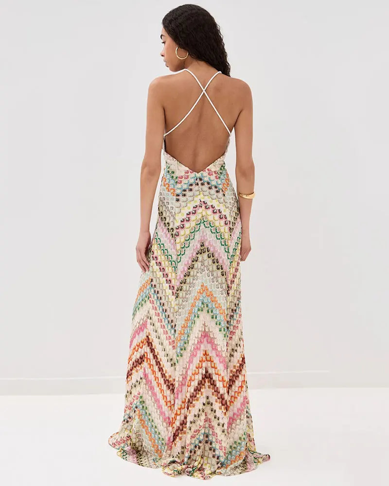 Crochet Halter Maxi Dress - V-Neck Backless Knit Dress