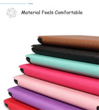 Stack of various colored fabrics with a text overlay 'Material Feels Comfortable'.