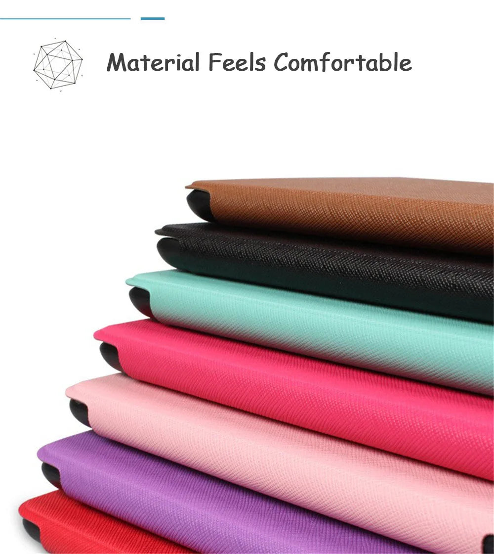 Stack of various colored fabrics with a text overlay 'Material Feels Comfortable'.