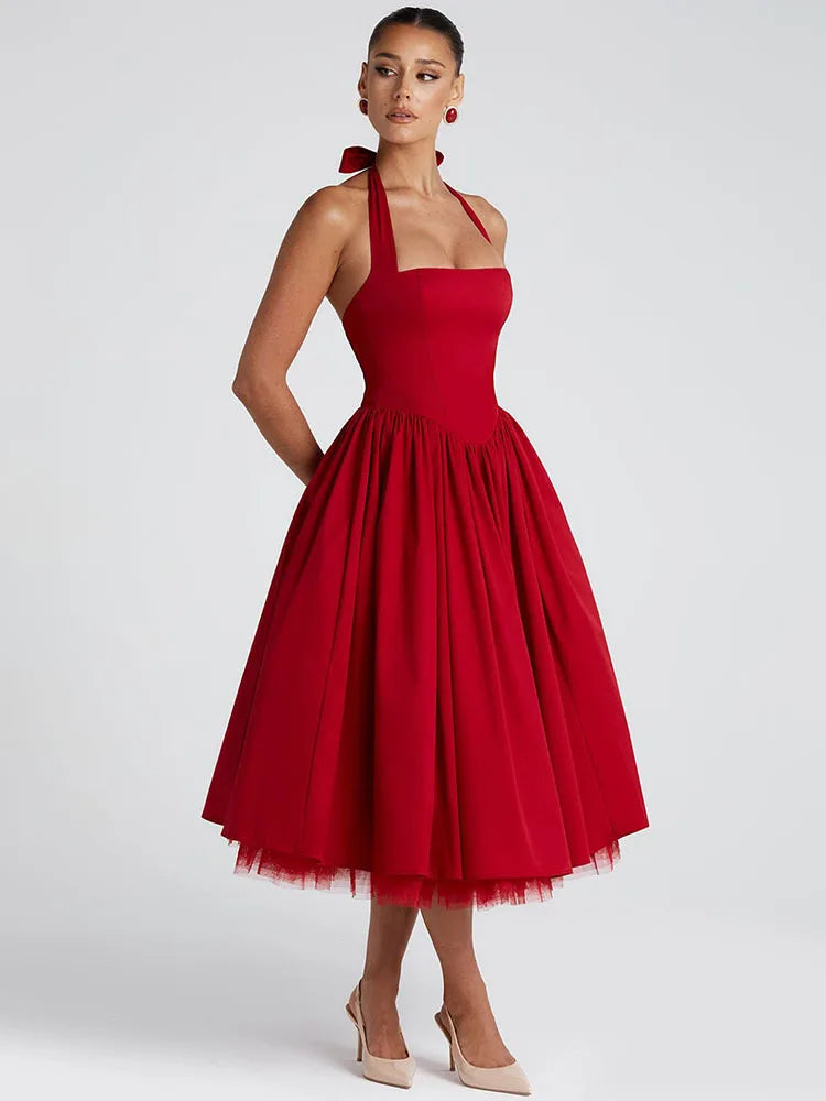 Halter Neck Backless A-Line Midi Dress - Cottagecore Style