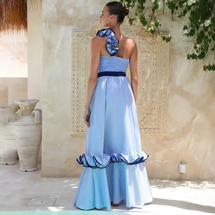 One Shoulder Ruffle Swimsuit - Stripe Print Beachwear