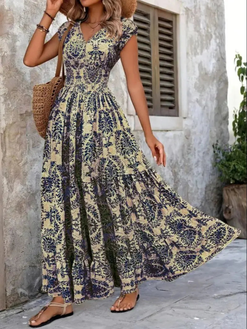 Vintage Floral V-Neck Summer Maxi Dress