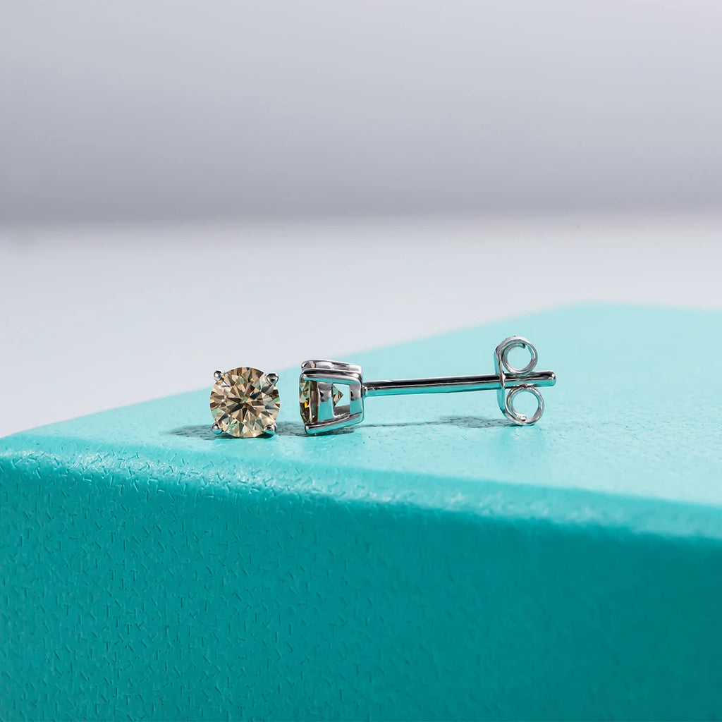 4mm Champagne Moissanite Stud Earrings - 925 Silver 18K Gold Plated
