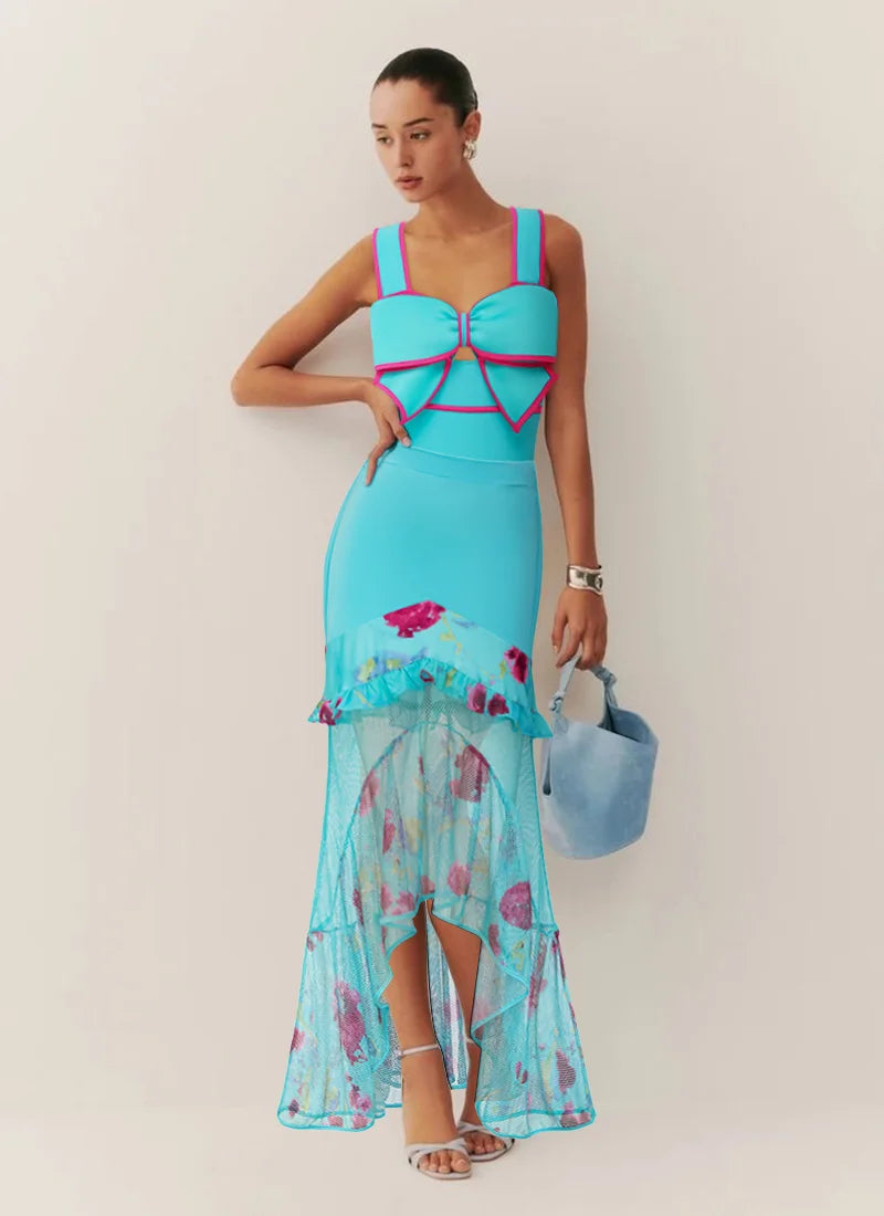 Bow Decor Swimsuit - Blue and Pink Beachwear