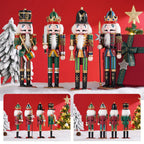 Set of four colorful nutcrackers on a red background with Christmas decorations.