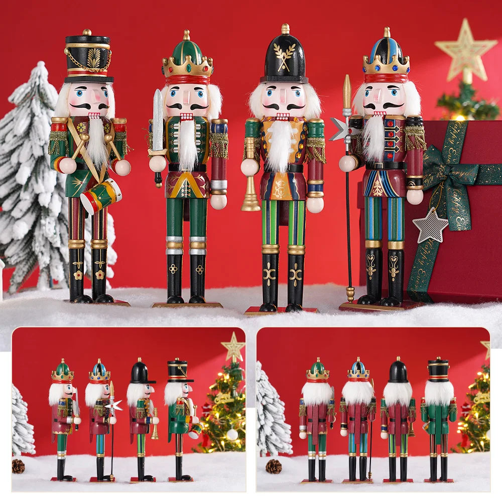 Set of four colorful nutcrackers on a red background with Christmas decorations.