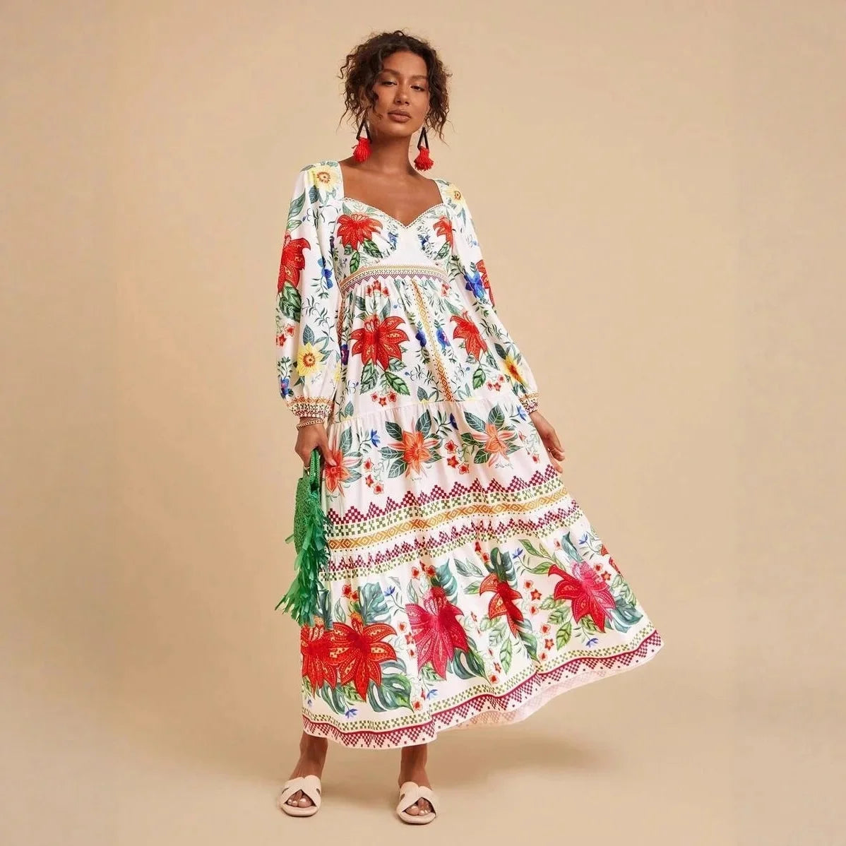 Floral Print V-Neck Maxi Dress - Long Sleeve Empire Waist