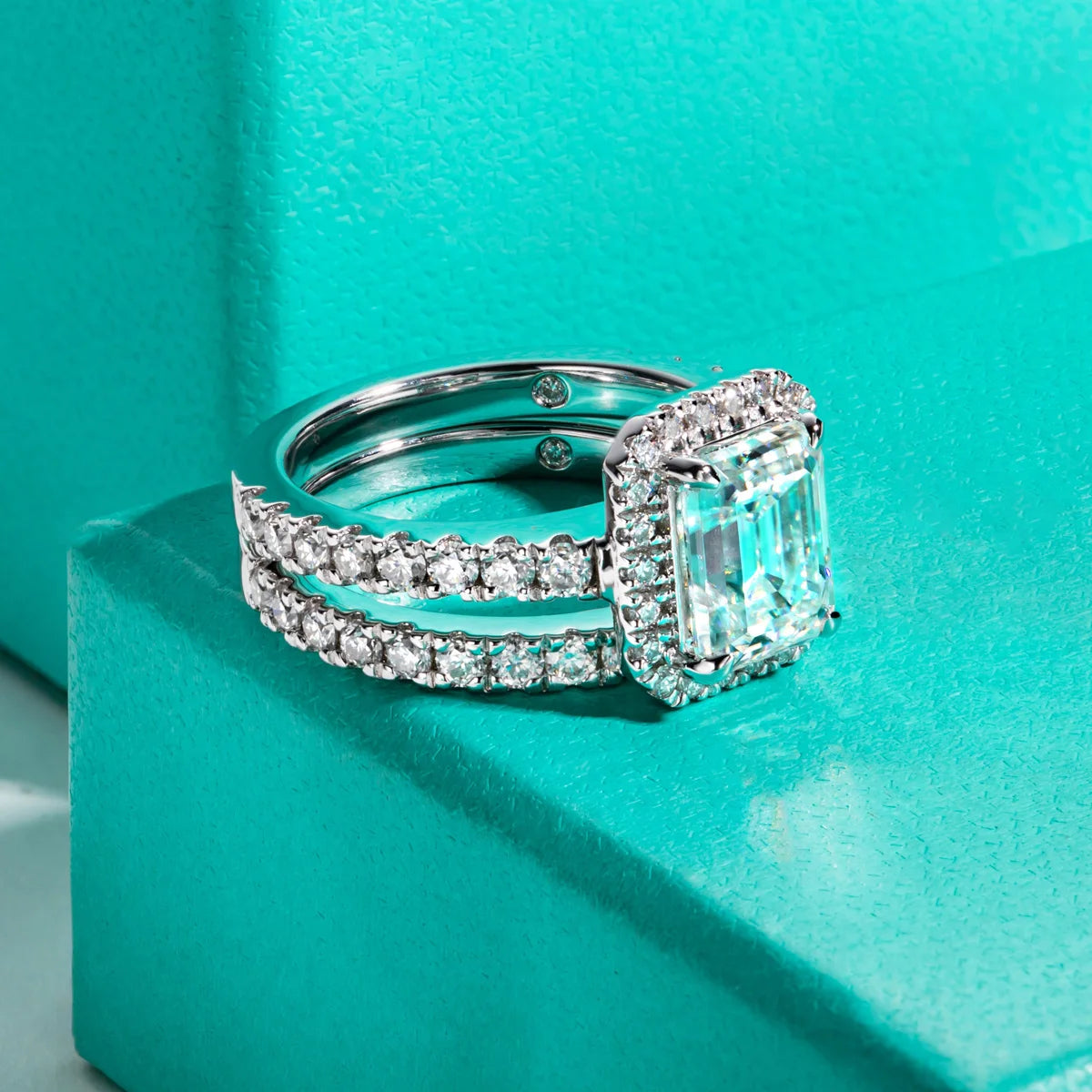 3ct Emerald Cut D-Color Moissanite Halo Bridal Ring Set - 925 Sterling Silver