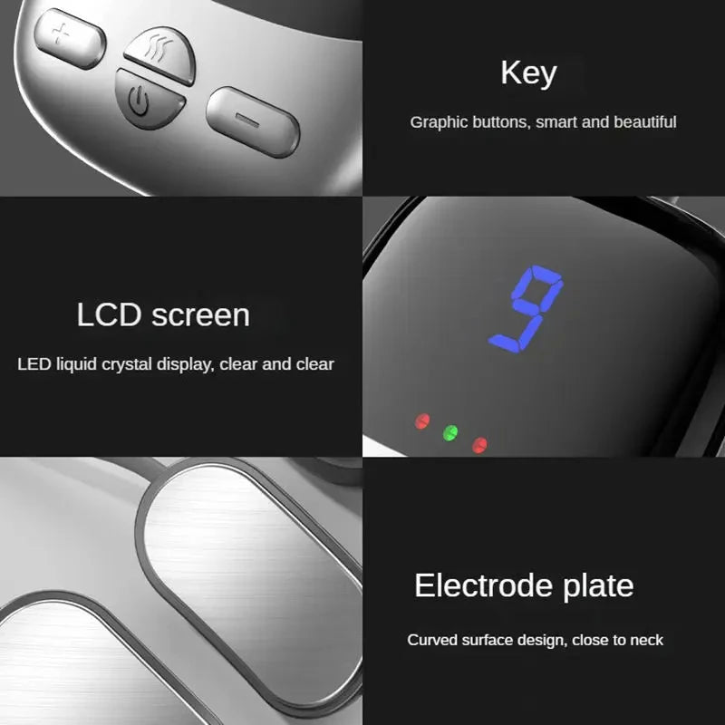 Product features including graphic buttons, LCD screen, and electrode plate on a black background.