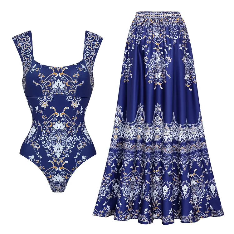 Royal Blue Baroque Print Swimsuit - Vintage Beachwear