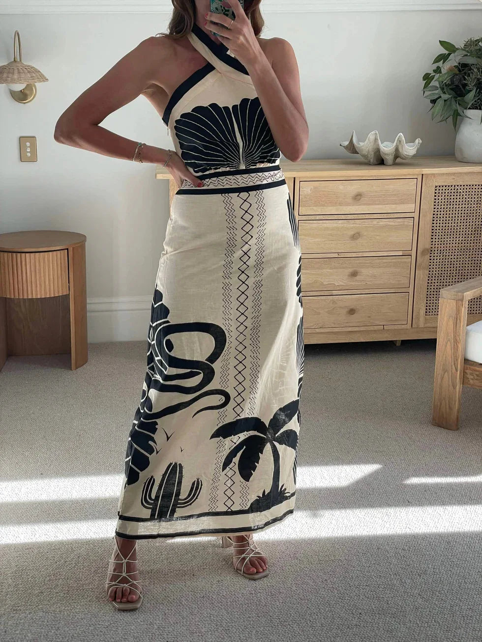 Tropical Print Halter Maxi Dress - Bodycon Silhouette