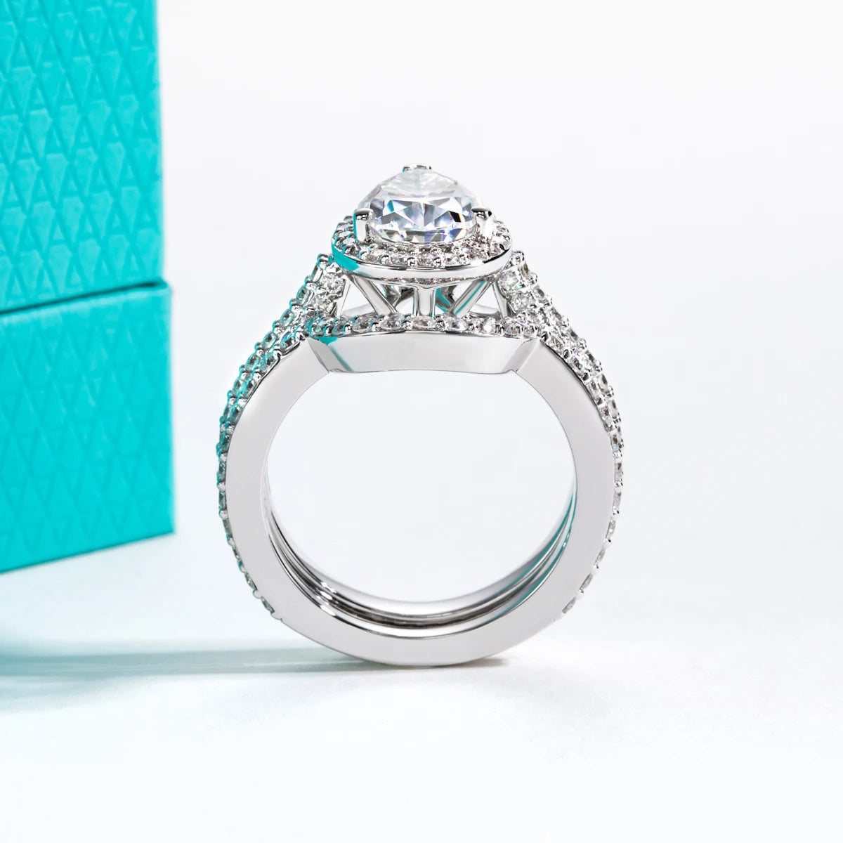 4.83ct Pear Cut D-Color Moissanite Halo Bridal Ring Set - 925 Sterling Silver