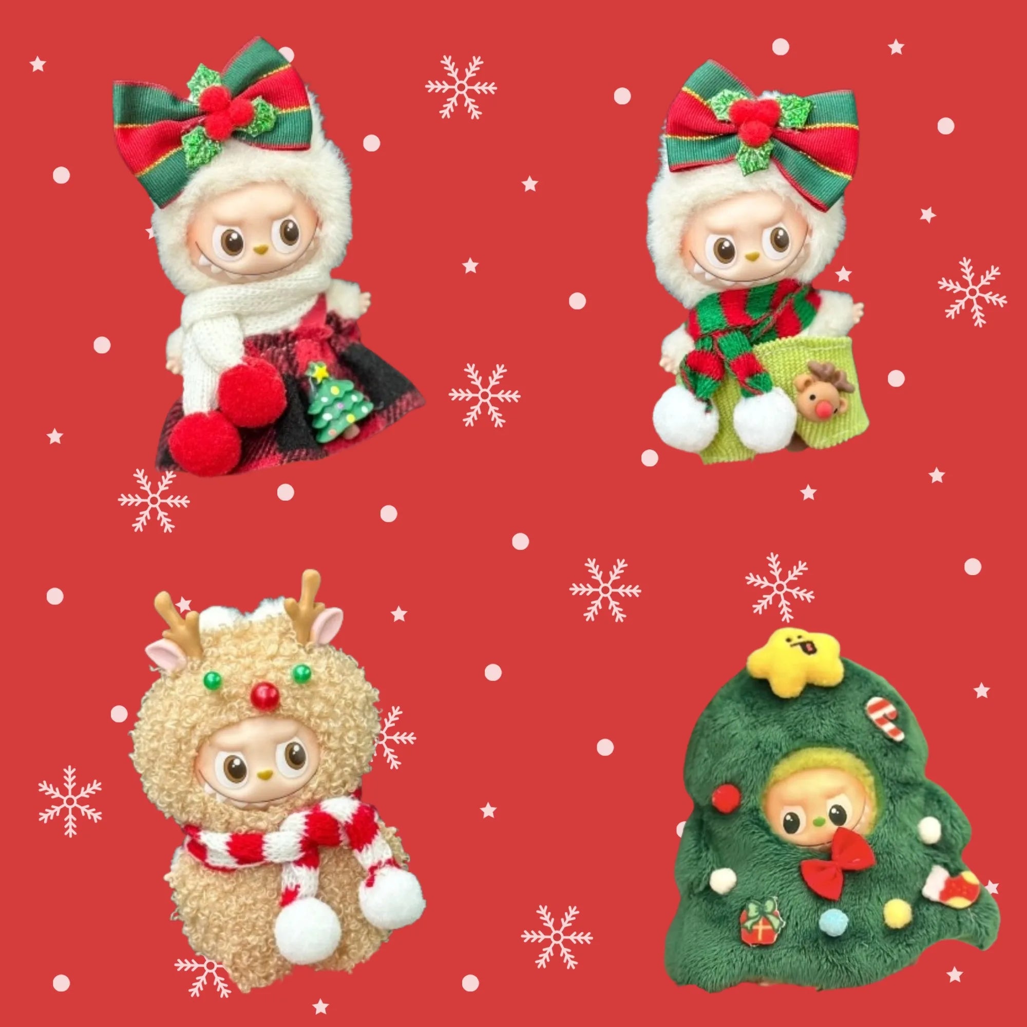 Four Christmas-themed plush toys on a red background with snowflakes.