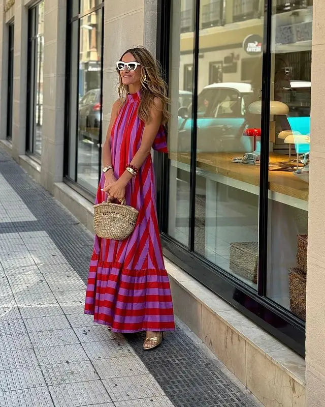Striped Halter Neck Maxi Dress - Backless Lace-Up Vacation Dress