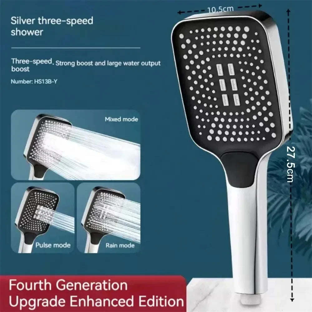 Silver three-speed shower head with water mode illustrations on a blue background
