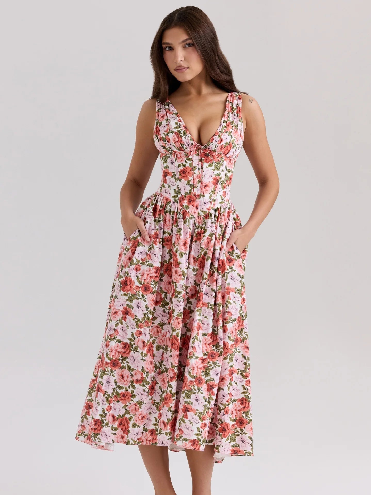 Print A-Line Midi Dress with V-Neck - Cottagecore Style