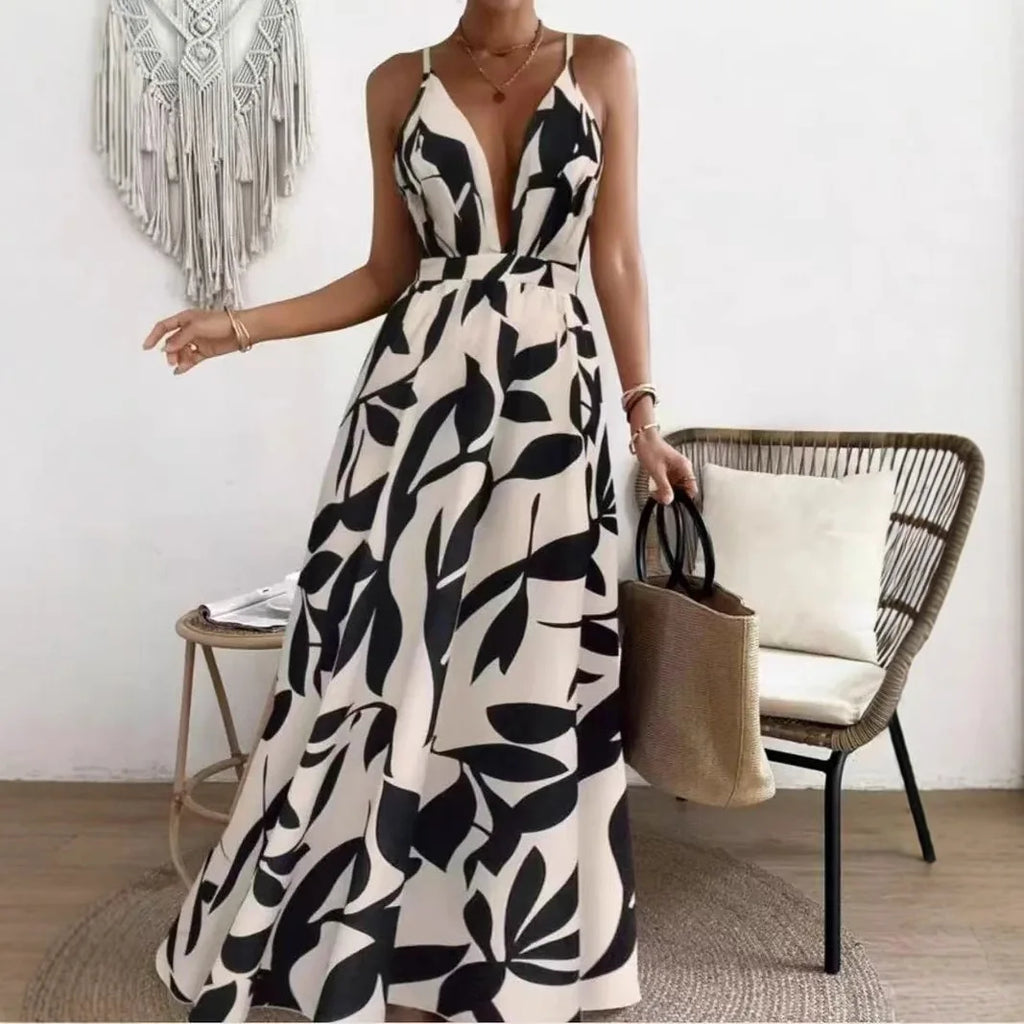 Printed Halter Maxi Dress Set - Bold V-Neck Summer Dress